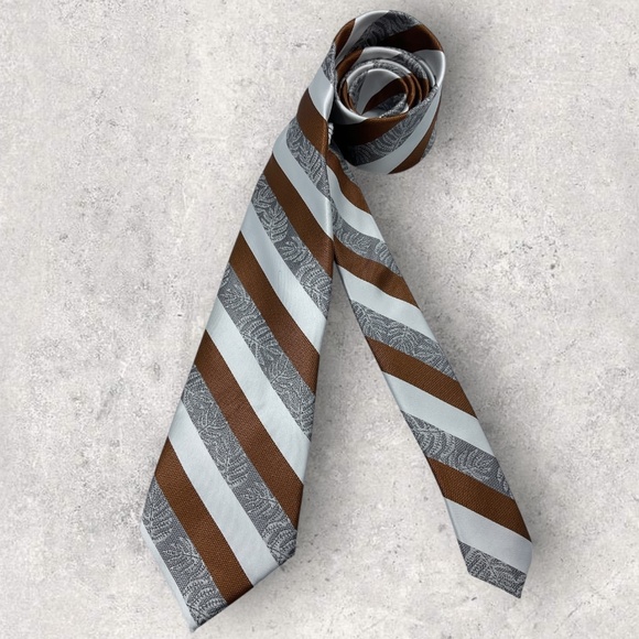 PINEAPPLE PALAKA Brown/White/Gray Striped Leaf Polyester LUXURY Tie - Picture 1 of 5